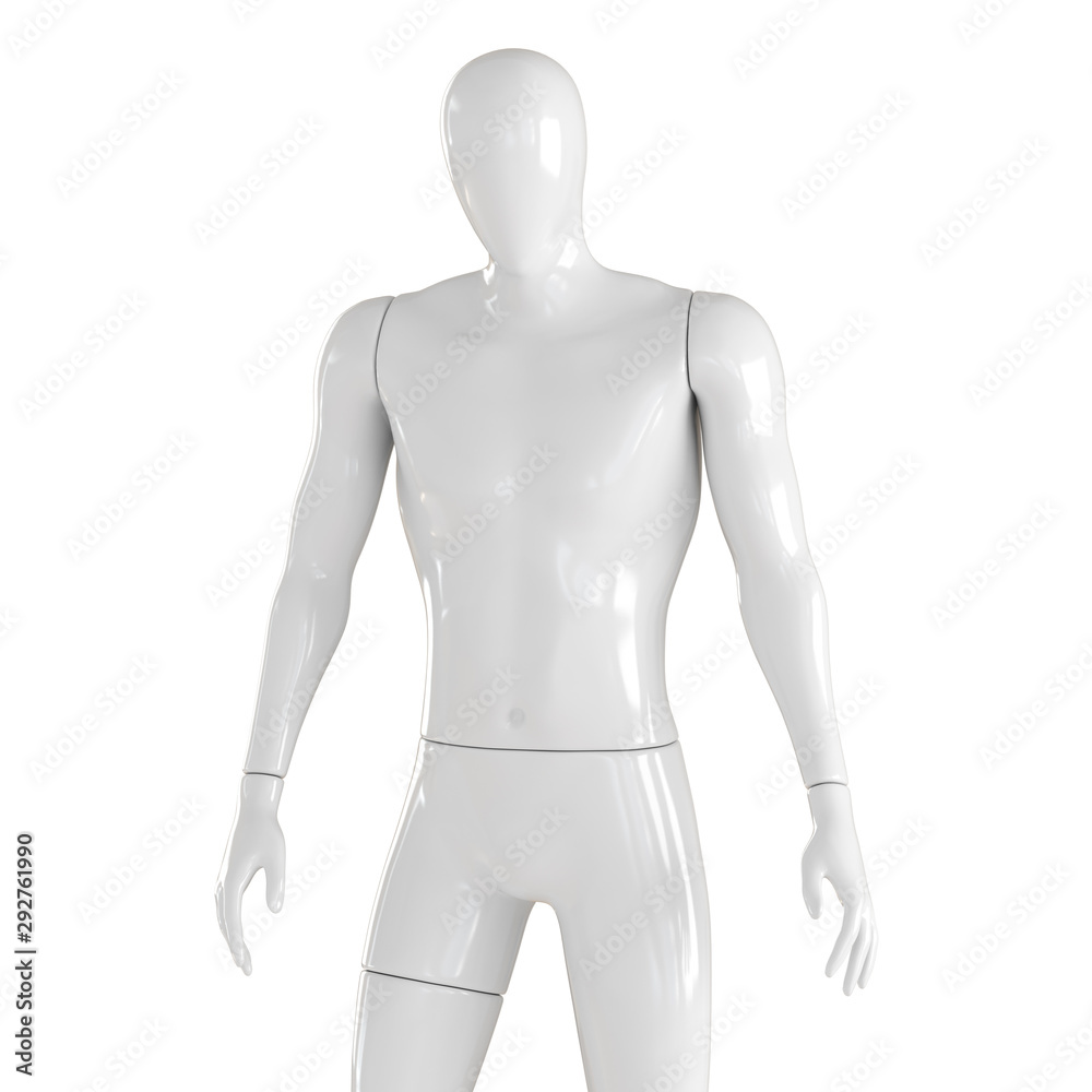 Close-up view of a white male mannequin of athletic build on an isolated white background. 3D rendering Close-up view of a white male mannequin of athletic build on an isolated white background. 3D rendering