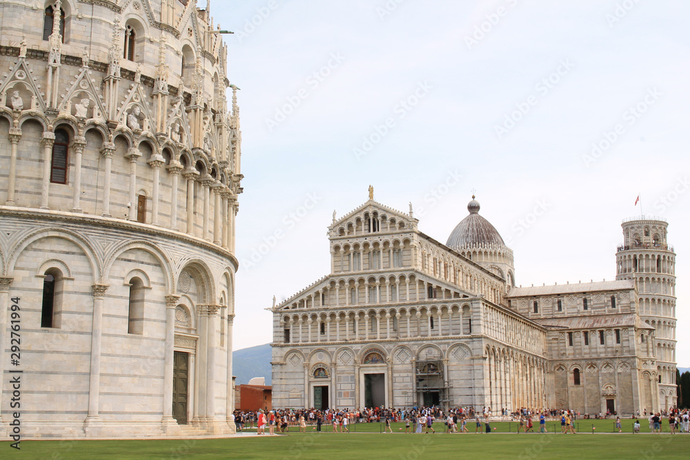 The amazing Piazza dei miracoli in Pisa with the Basilica and the leaning tower, Tuscany, Italy