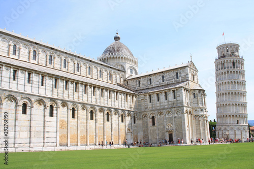 The amazing Piazza dei miracoli in Pisa with the Basilica and the leaning tower  Tuscany  Italy
