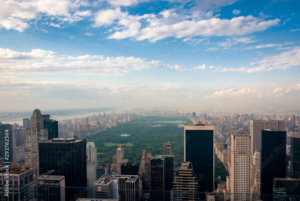 View of the Cental Park and Manhattan skyline from the Top of the Rock observatory deck in New Your City, USA.