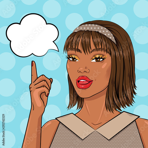 Pop art african american buiseness woman pointing on speech bubble, vector illustration in pop art retro comic style