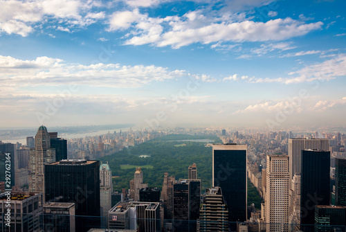 View of the Cental Park and Manhattan skyline from the Top of the Rock observatory deck in New Your City, USA.
