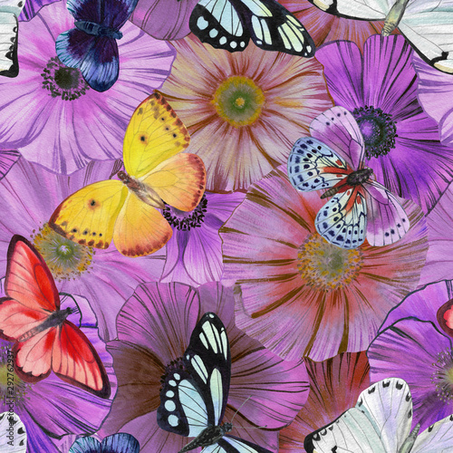 Bright seamless pattern with flowers and butterflies.