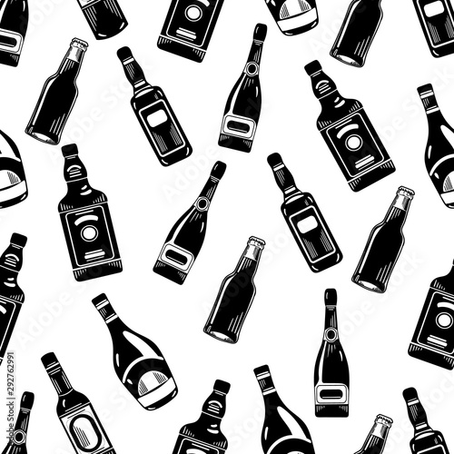 Vector hand drawn black and white seamless pattern of bottles. Whiskey, rum, wine, champagne, beer, tequila and chocolate liquor bottles.In the graphic style on white background.