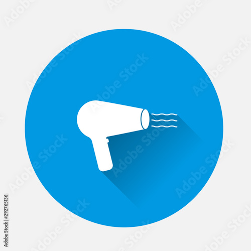 Vector icon hair dryer for hair styling. Barbershop symbol on blue background. Flat image with long shadow.