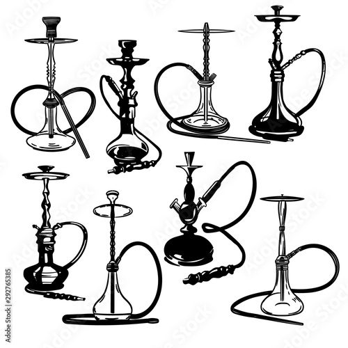 Vector hand drawn big set of hookahs isolated on white background.