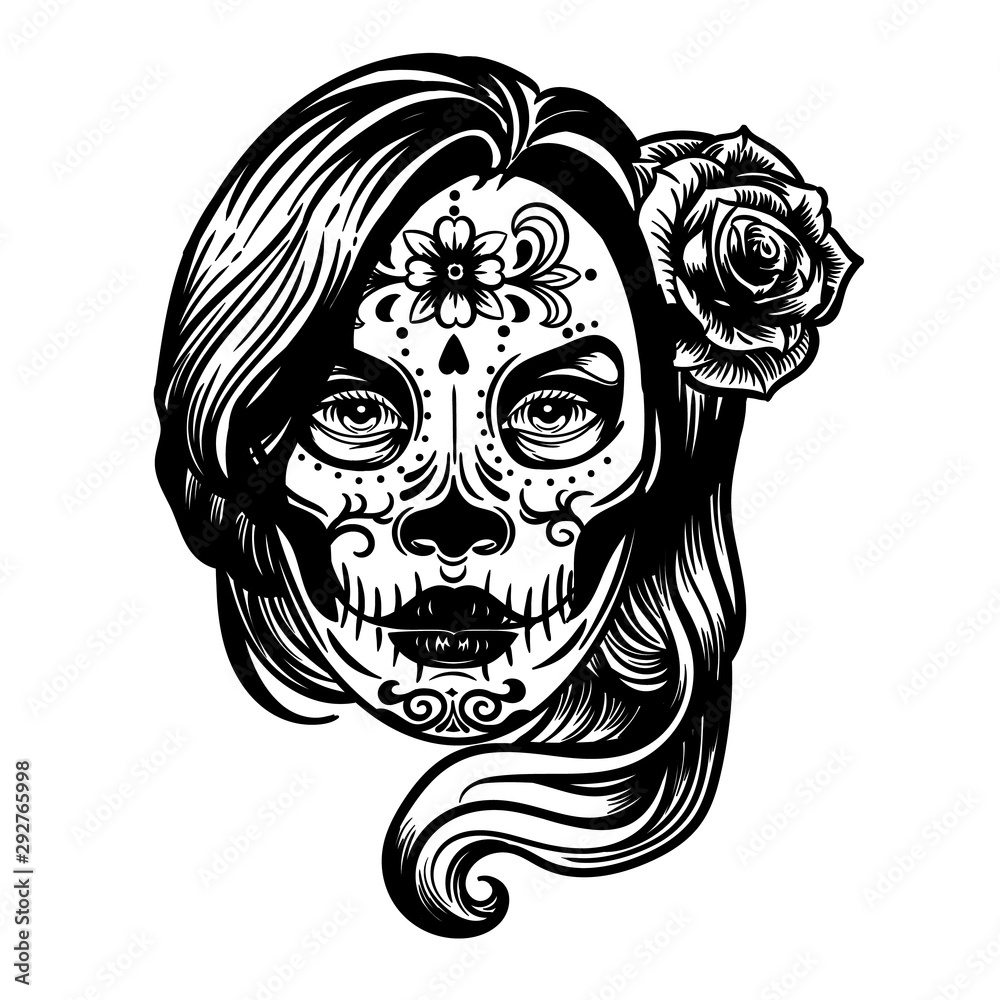 Dia De Los Muertos vintage vector black print with woman head with Day of Dead makeup and rose in her hair isolated on white.