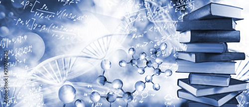 Abstract  3d image of a DNA chain and stack of books on a blurry background close-up. Mathematical formulas are randomly located in the background.