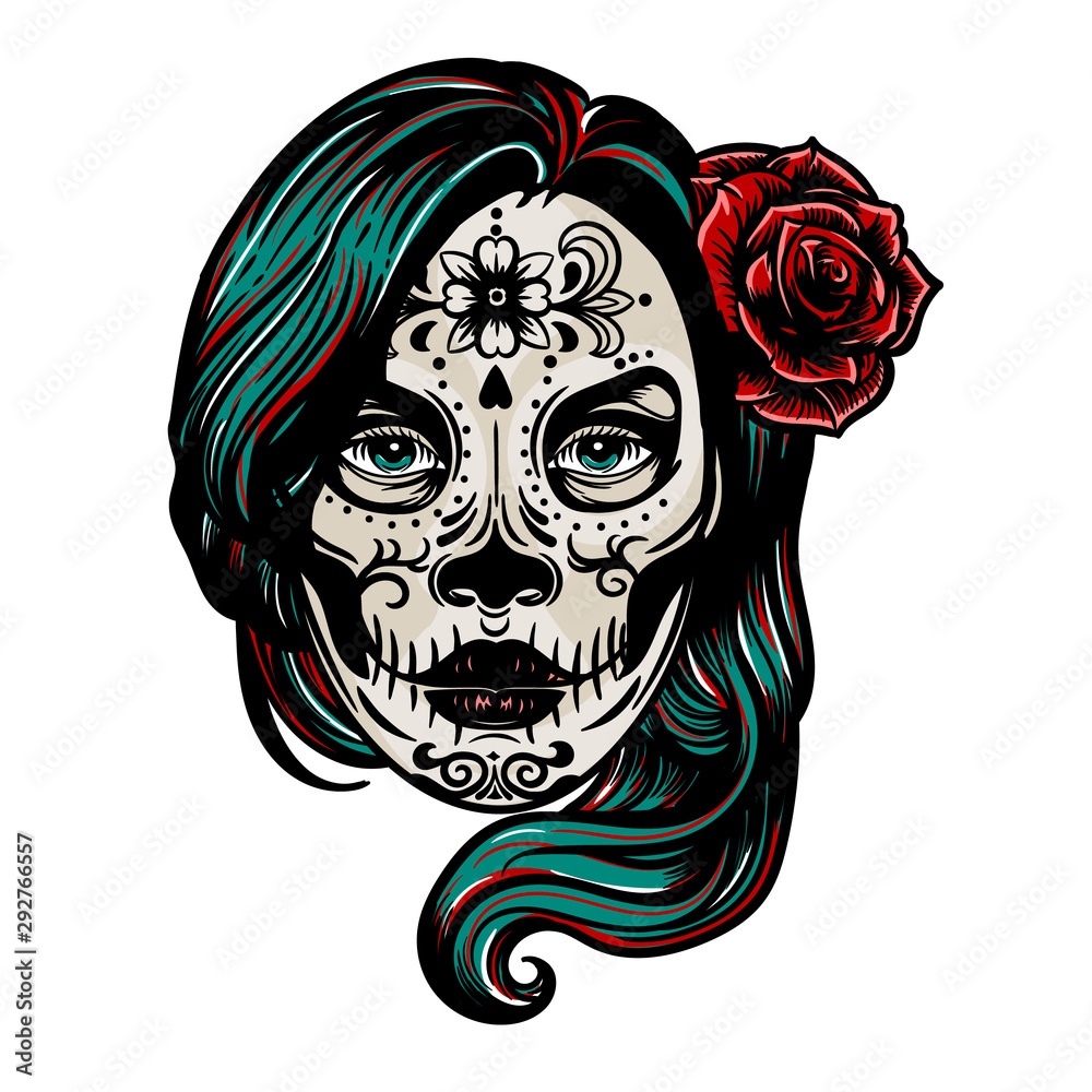 Fototapeta Dia De Los Muertos vintage vector colorful print with woman head with Day of Dead makeup and rose in her hair isolated on white.