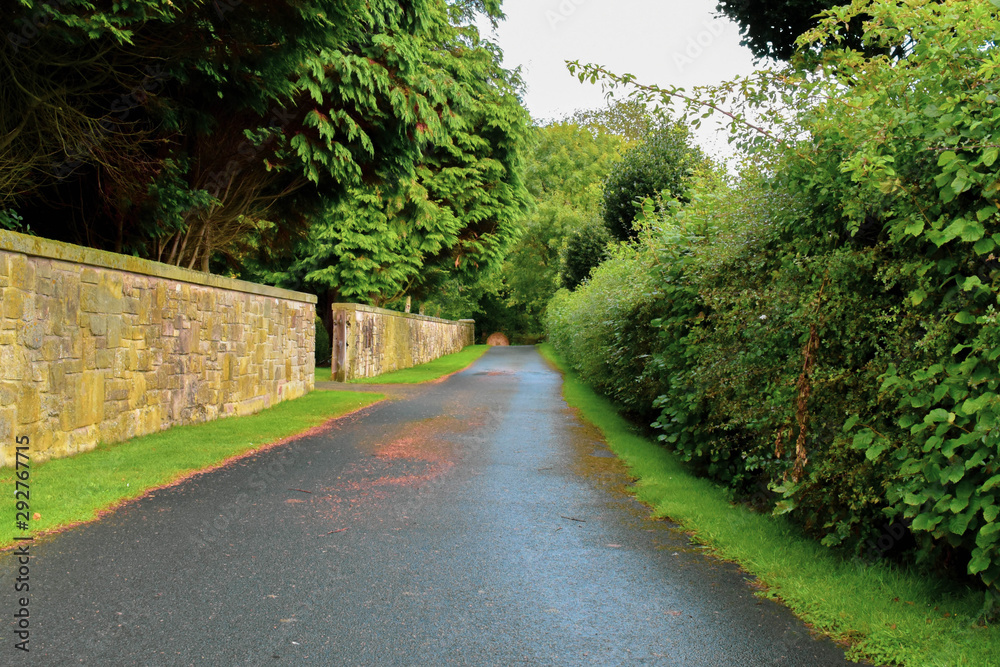 road next to old stone wall