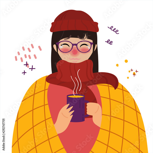 Young girl in glasses and red hat caught cold flu or virus. With red nose, high temperature and holds cup of tea. Vector isolated objects on white background