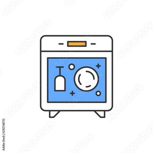 Dishwasher color icon. Modern kitchen device. Automatic dish washer. Electrical household appliances. Plates washing, steam processing. Isolated vector illustration