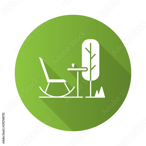 Outdoor space green flat design long shadow glyph icon. Rocking chair with table in garden. Patio furniture. Terrace outdoor furnishing for outside relax and leisure. Vector silhouette illustration