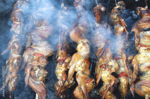 Bbq With Kebab Cooking. Coal Grill Of Chicken Meat Skewers .