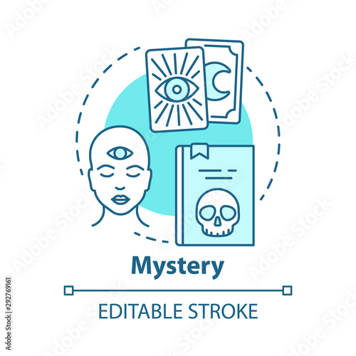 Mystery concept icon. Occult books idea thin line illustration. Mysticism, taromancy & esoteric literature. Fortune telling and divination. Vector isolated outline drawing. Editable stroke
