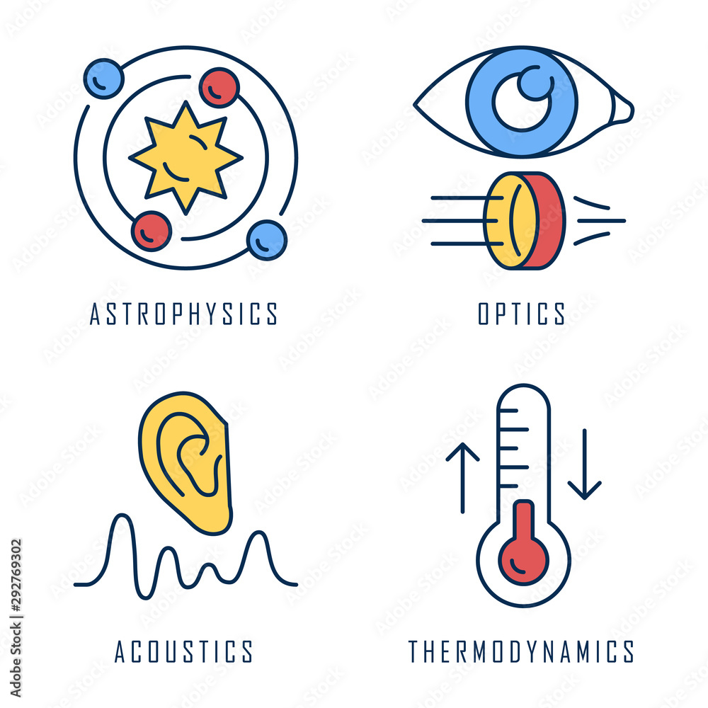 Physics branches color icons set. Astrophysics, optics, acoustics and thermodynamics. Physical processes and phenomenons. Scientific researches and subjects. Isolated vector illustrations