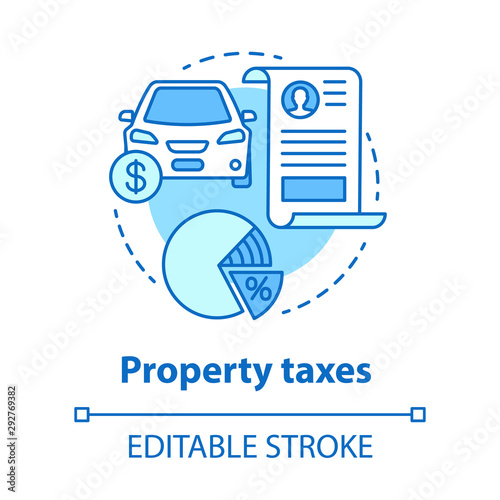 Property taxes blue concept icon. Calculating value added tax idea thin line illustration. Automobile ad-valorem taxation. Goods interest deduction. Vector isolated outline drawing. Editable stroke