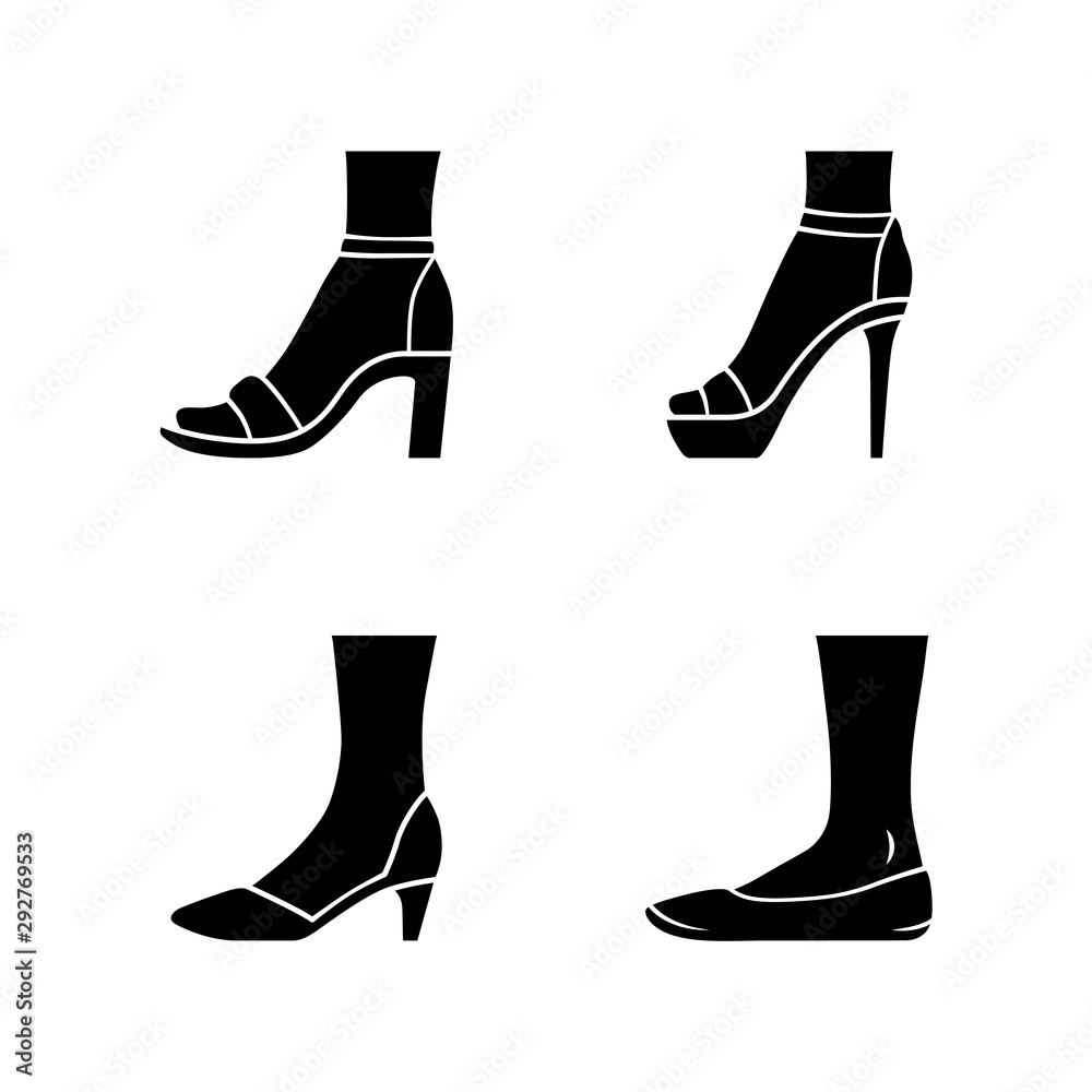 Women formal shoes glyph icons set. Female elegant high heels footwear. Classic pumps, ballerinas, ankle strap sandals. Fashionable stilettos. Silhouette symbols. Vector isolated illustration Women formal shoes glyph icons set. Female elegant high heels footwear. Classic pumps, ballerinas, ankle strap sandals. Fashionable stilettos. Silhouette symbols. Vector isolated illustration