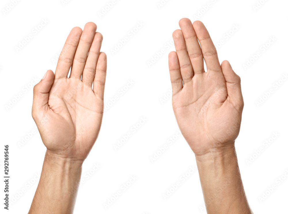 Male hands with open palms on white background Male hands with open palms on white background