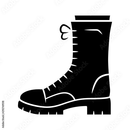 Military boots glyph icon. Women army rough shoes. Female chunky footwear for fall, spring and winter season. Ladies clothing accessory. Silhouette symbol. Negative space. Vector isolated illustration