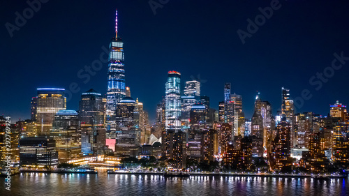 Aerial view of Lower Manhattan skyline by in night in New York City