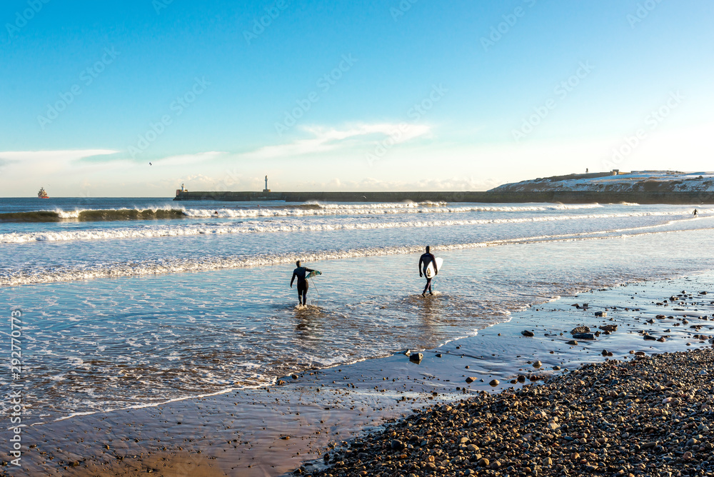 A view to Aberdeen beach near South breakwater popular for surfing in a nice sunny winter day, Scotland