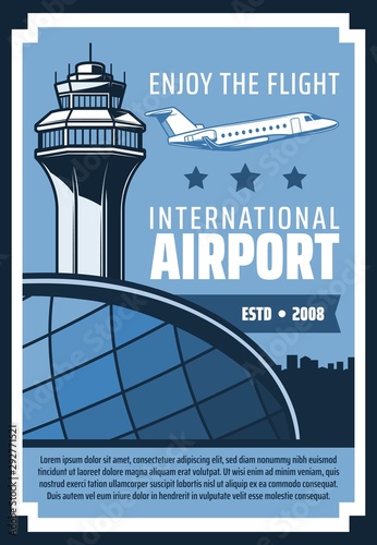 International airport, airplane flying in sky