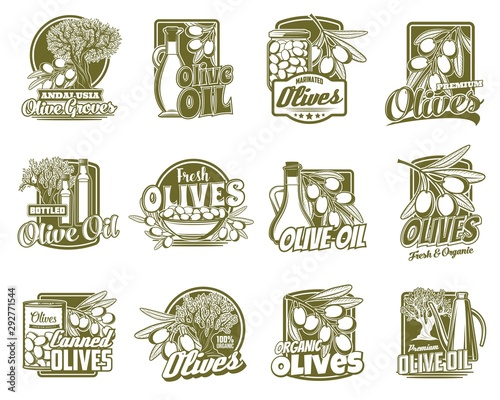 Olive oil bottle, jar, tree branch icons