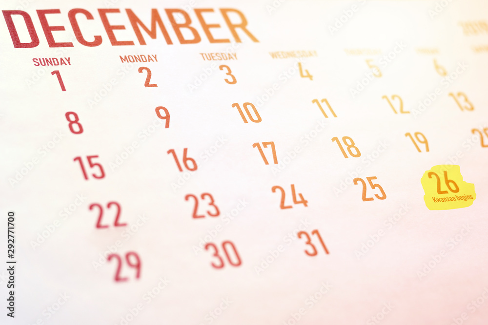 December calendar with Kwanza beginning date December calendar with Kwanza beginning date