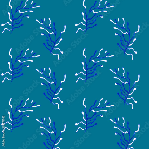 Hand drawn seamless pattern. Trendy pattern with corals and algae on a white background for printing, fabric, textile, manufacturing, wallpapers. Sea bottom.