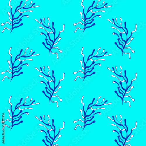 Hand drawn seamless pattern. Trendy pattern with corals and algae on a white background for printing, fabric, textile, manufacturing, wallpapers. Sea bottom.