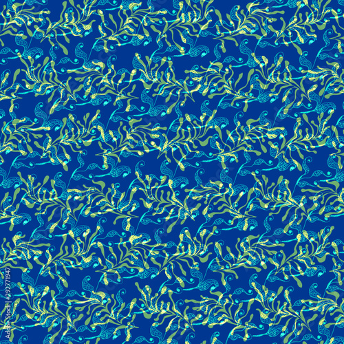 Hand drawn seamless pattern. Trendy pattern with corals and algae on a white background for printing, fabric, textile, manufacturing, wallpapers. Sea bottom.