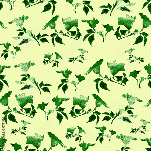 Colored bell. Leaflets with flowers. Von pattern. Texture Plants