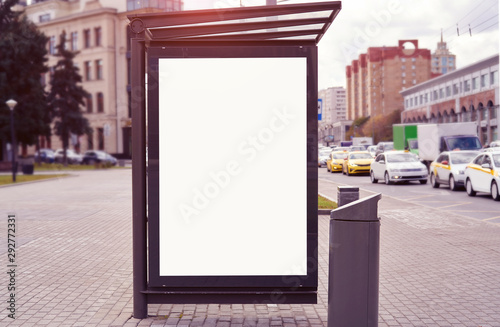 Empty billboard placeholder on the Moscow city bus stop  information banner template  space for mockup layout.