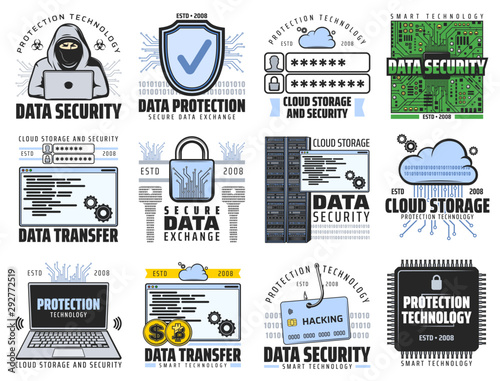 Cloud storage, internet data security icons