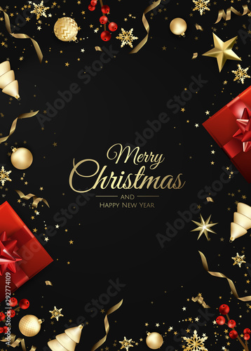Merry Christmas and Happy New Year. Xmas background with gift box, Snowflakes and balls design.