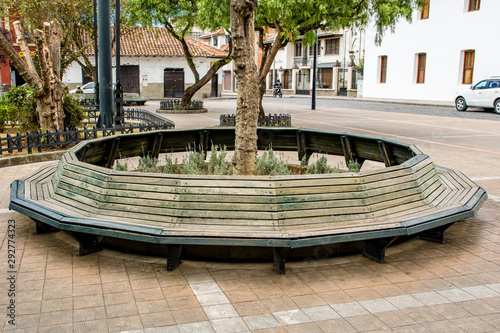Round bench surrounds a tree in a square in Cuenca in Ecuador.
