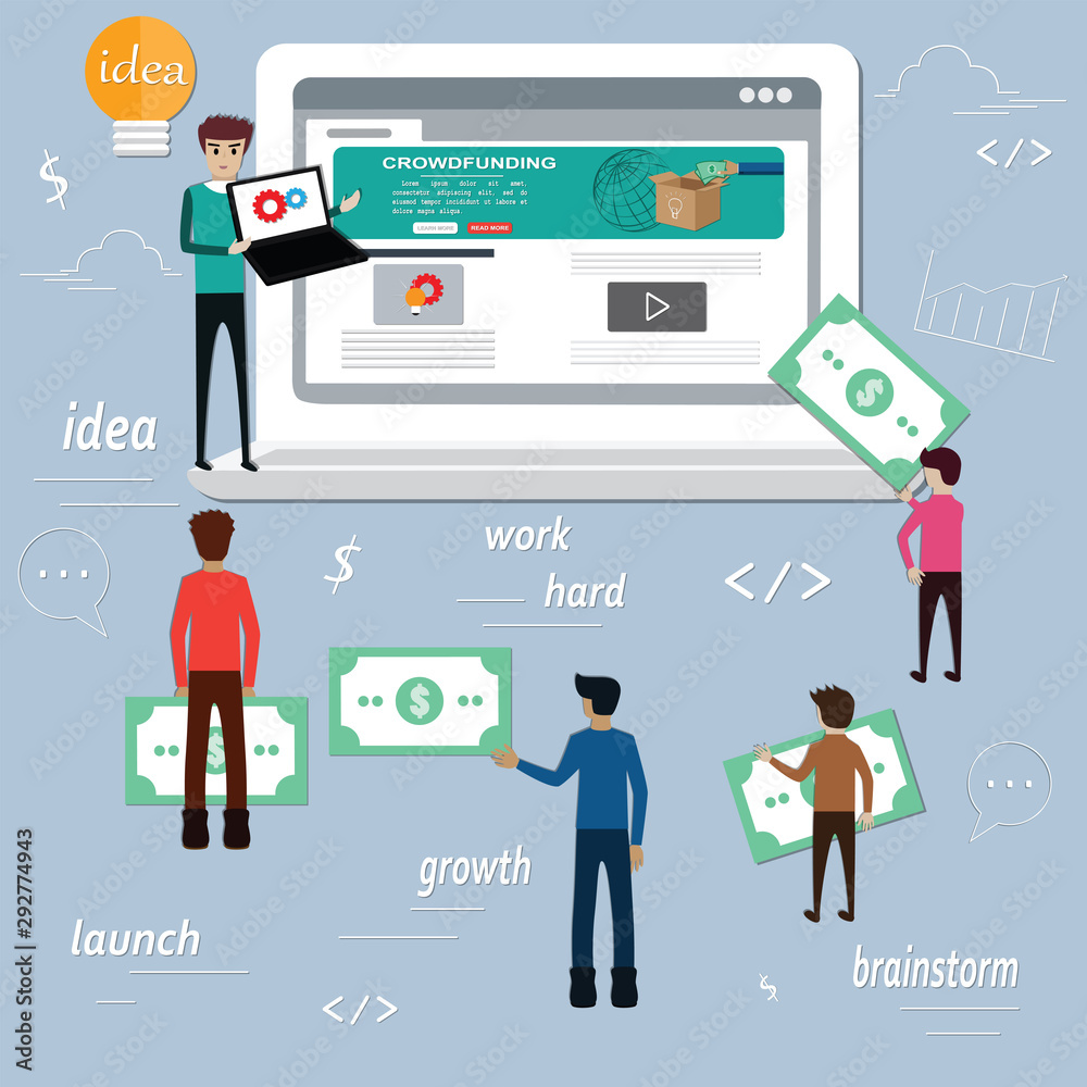 Young man was presenting his idea for money funding,Huge laptop surrounded by group of people, Flat design of crowdfunding concept,New business model,vector illustration Young man was presenting his idea for money funding,Huge laptop surrounded by group of people, Flat design of crowdfunding concept,New business model,vector illustration