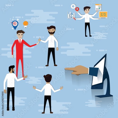 Business concept,Big hand point to choosing a man in red suit,Businessmen challenging for occupation,Flat design of business hiring online,vector illustration