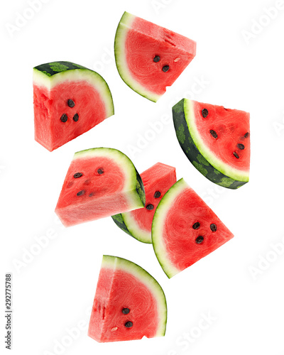 Falling watermelon isolated on white background, clipping path, full depth of field