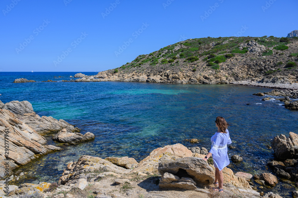 Woman rear view in a blue dress leans on a rock and looks out to color sea on a clear day