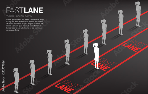 businesswoman standing on fast lane is move faster than group on queue. Business Concept of fast lane for moving and disruption.