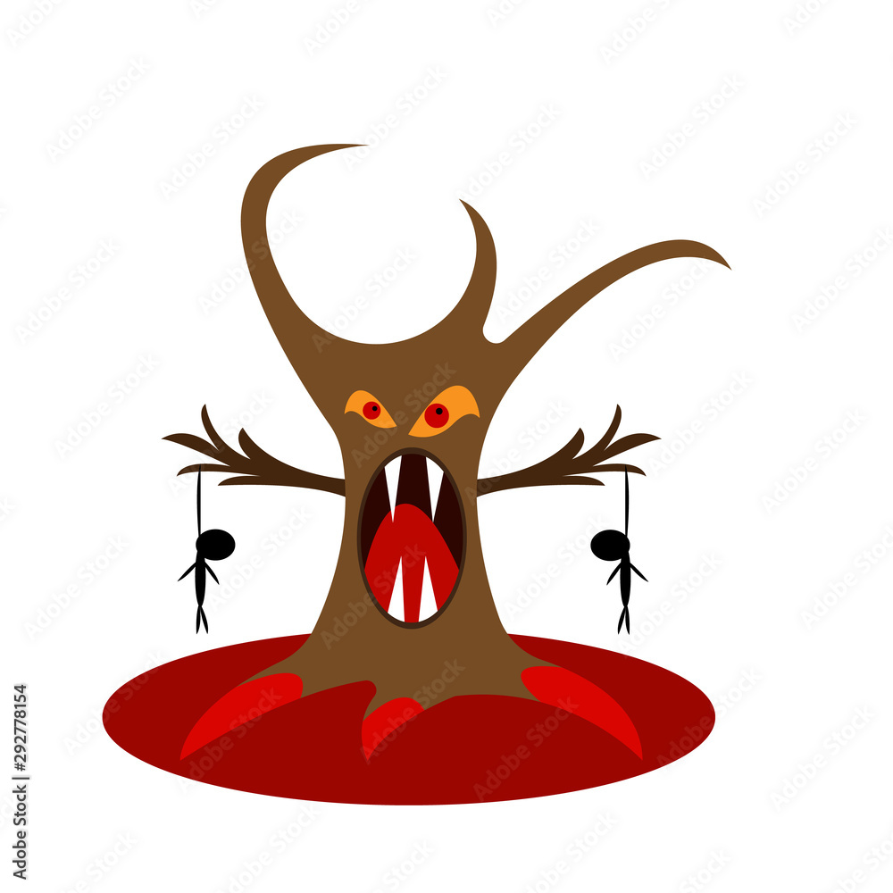 tree monster with dead people hanging on its branches roots in a pool of  blood Stock Vector | Adobe Stock