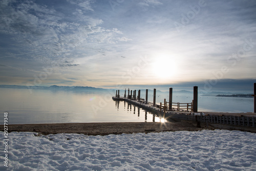 pier at sunset in lake tahoe