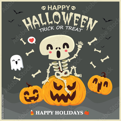 Vintage Halloween poster design with vector skeleton  ghost  pumpkin character. 