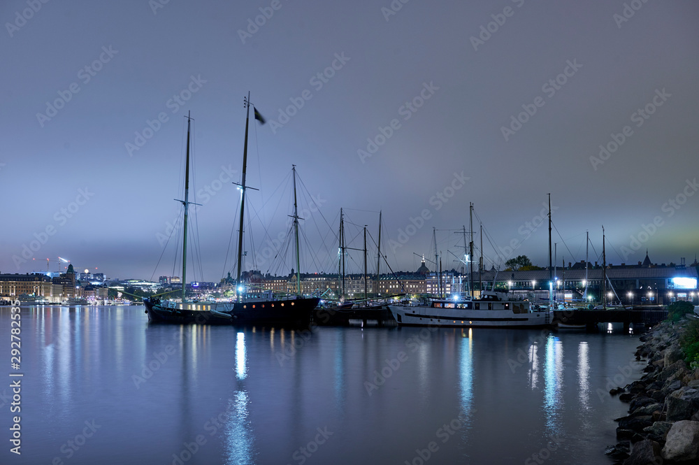 Old sailing ships at Galärbryggan on Djurgården at night Old sailing ships at Galärbryggan on Djurgården at night