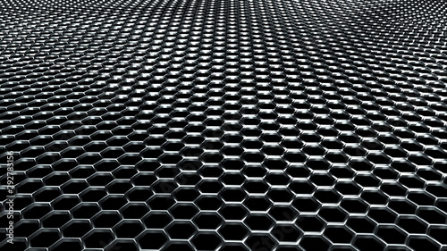 Wavy metal surface made of shiny silver hexagons. Computer generated modern background, 3D rendering.