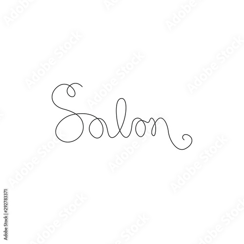 Salon inscription continuous line drawing, emblem or logo design, hand lettering small tattoo, print for clothes, one single line on a white background, isolated vector illustration.