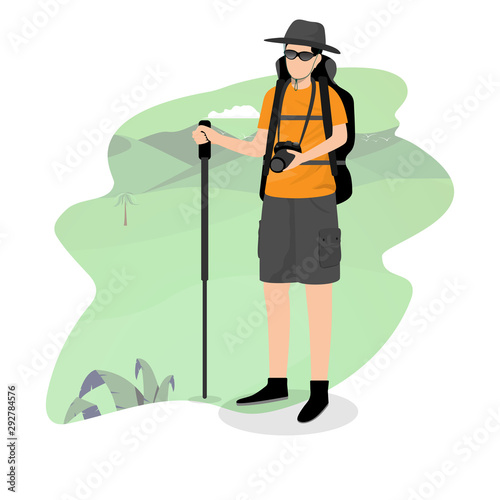 Man or explorer standing on mountain. Backpack and travel concept. Vector illustration in flat design.