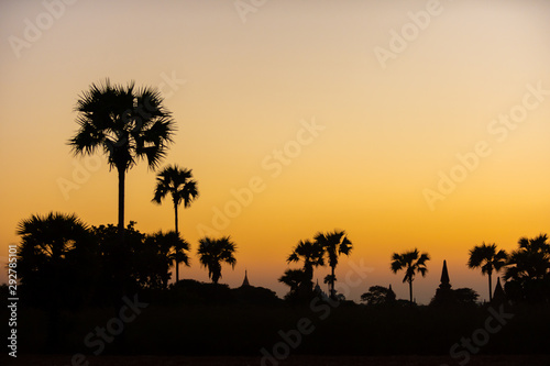 Black silhouettes of temples and trees near dusk at Bagan  Burma